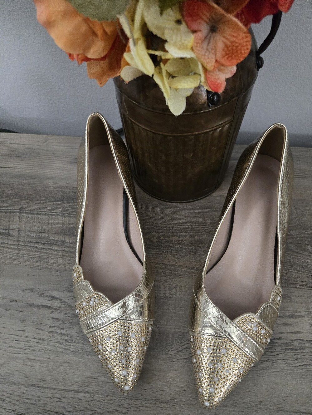 Gold Pointed Toe Women's Flats with Rhinestone Detail